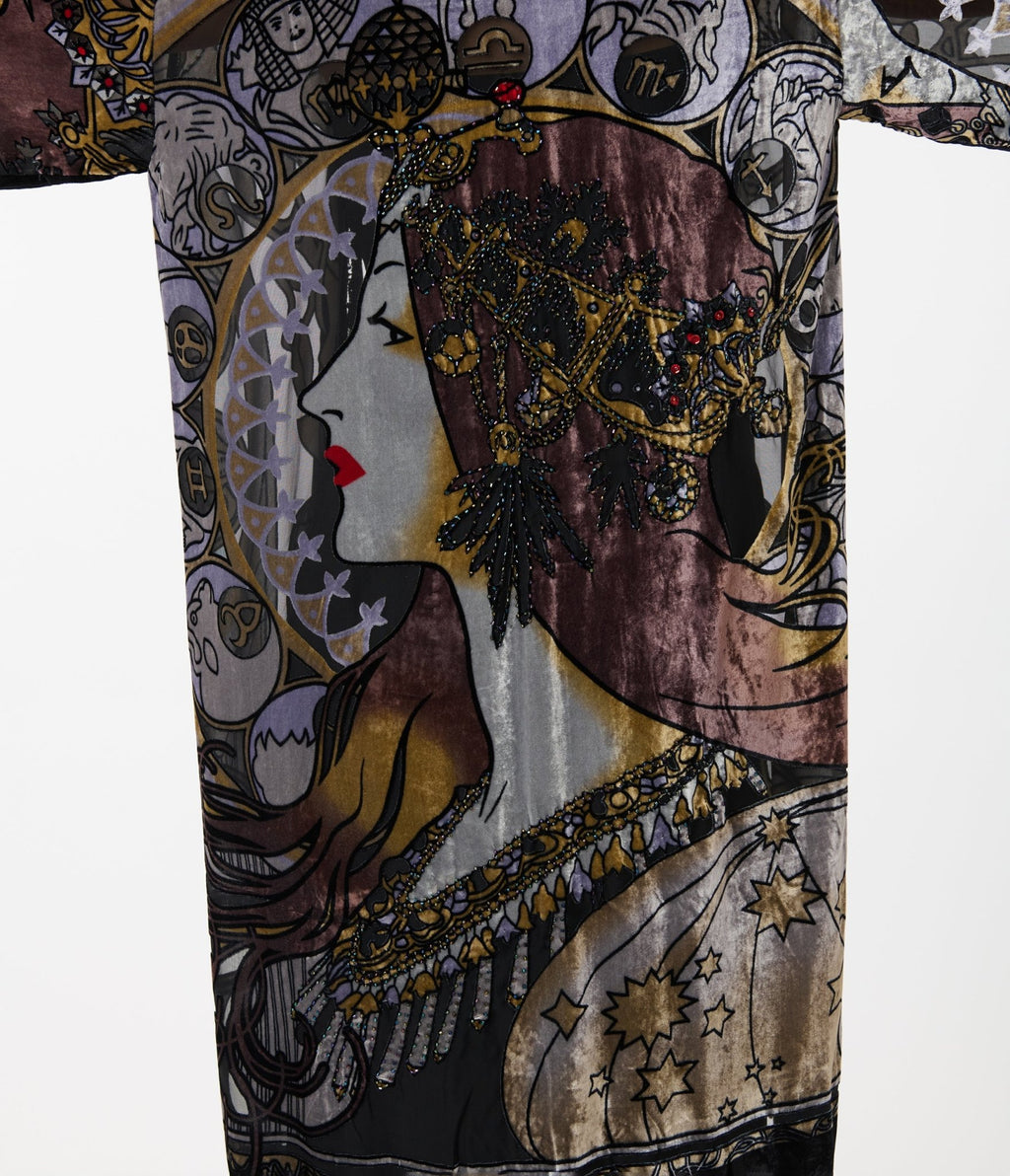 1920s Black Beaded Zodiac Goddess Devore Velvet Scarf Coat - Unique Vintage - Womens, TOPS, OUTERWEAR