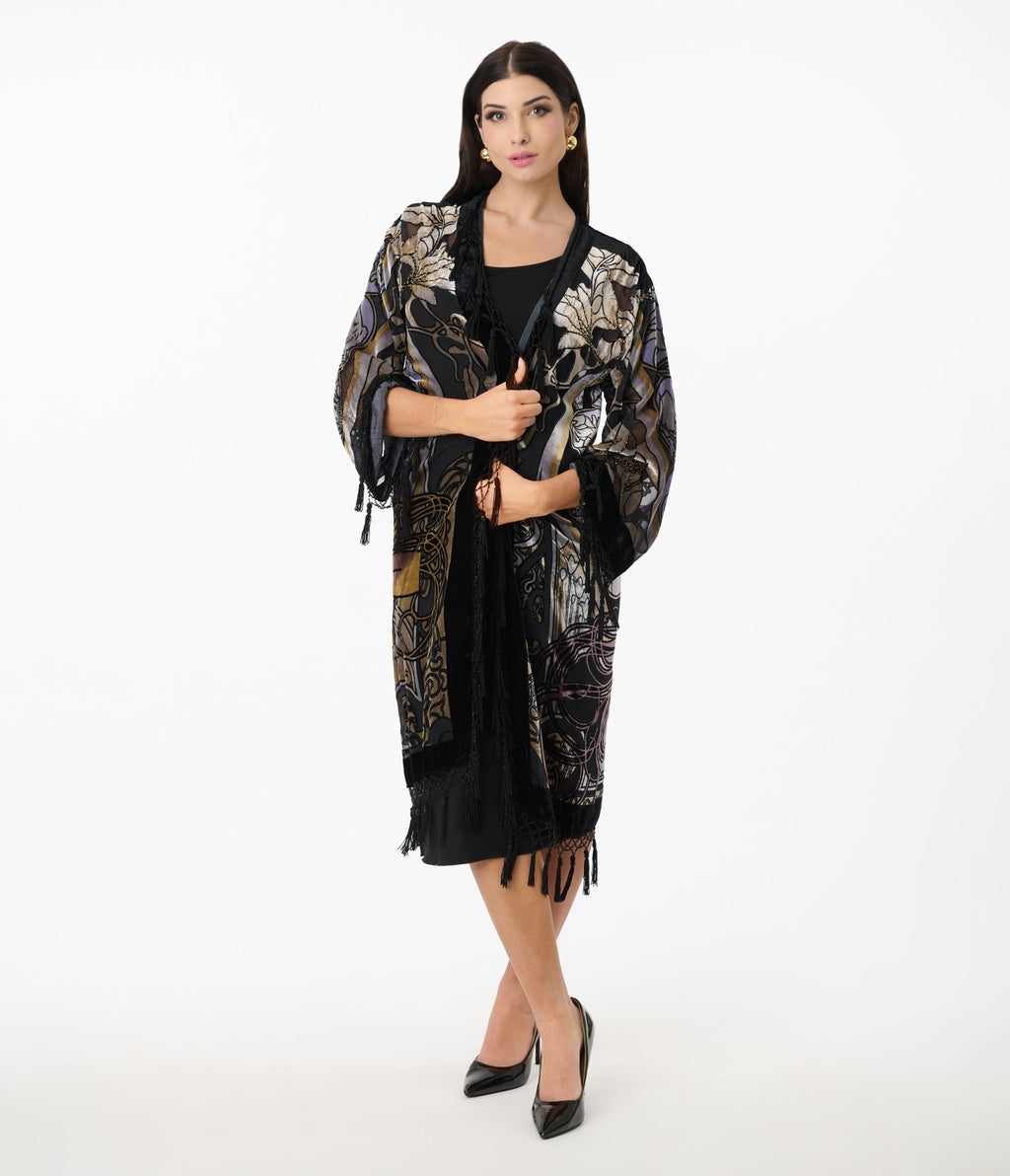 1920s Black Beaded Zodiac Goddess Devore Velvet Scarf Coat - Unique Vintage - Womens, TOPS, OUTERWEAR