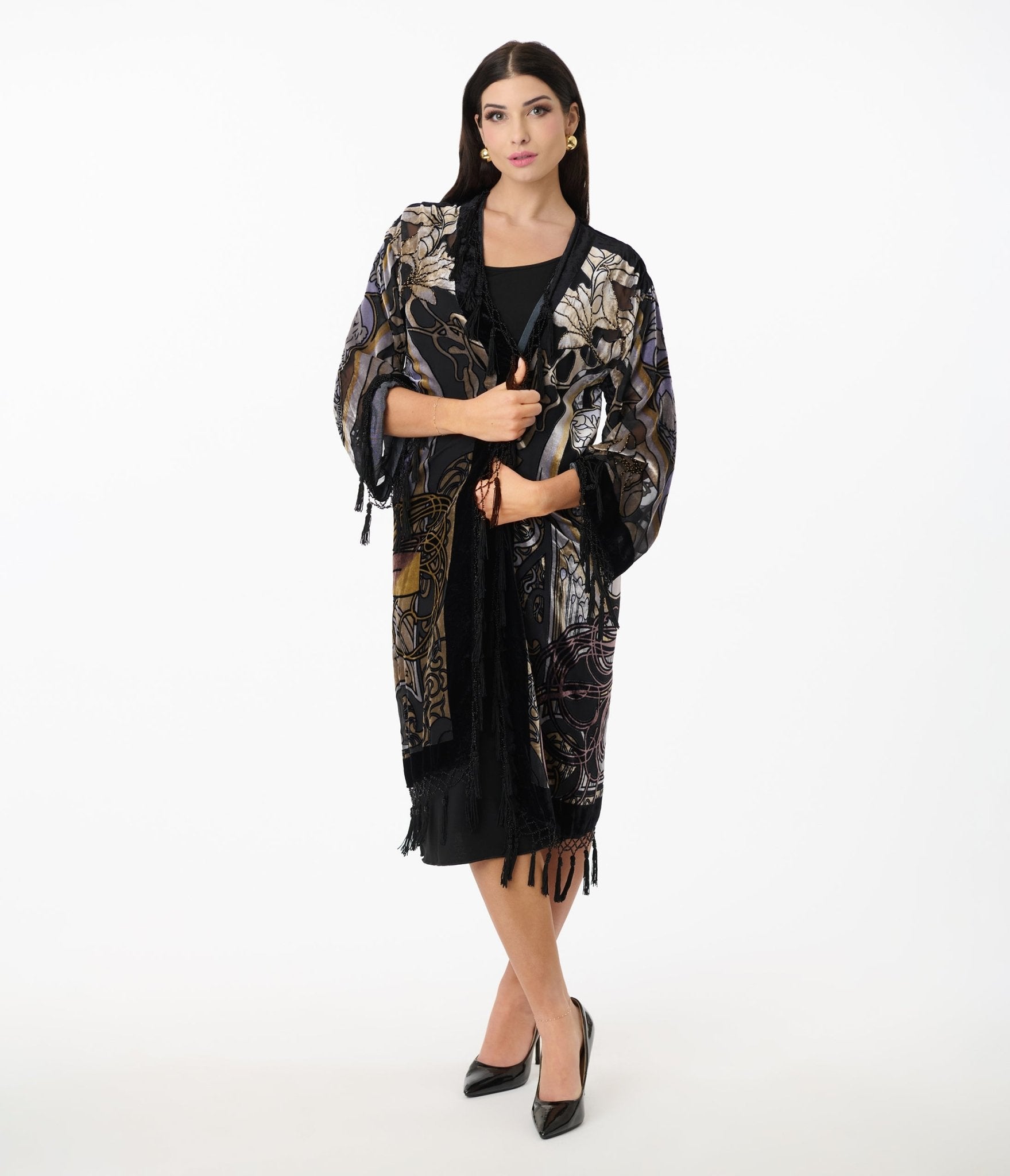 1920s Black Beaded Zodiac Goddess Devore Velvet Scarf Coat - Unique Vintage - Womens, TOPS, OUTERWEAR