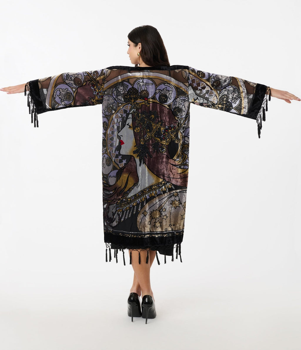 1920s Black Beaded Zodiac Goddess Devore Velvet Scarf Coat - Unique Vintage - Womens, TOPS, OUTERWEAR
