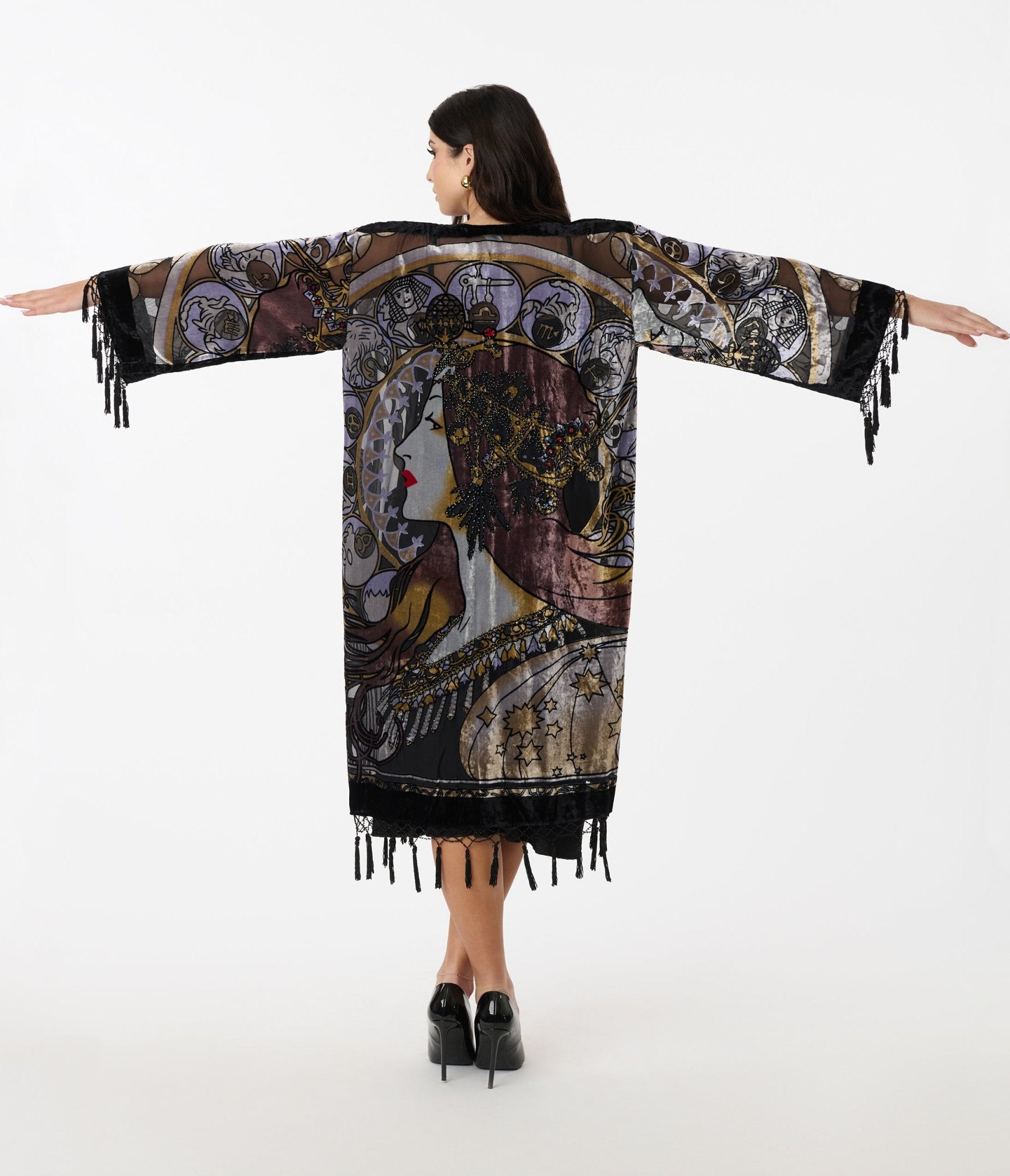 1920s Black Beaded Zodiac Goddess Devore Velvet Scarf Coat - Unique Vintage - Womens, TOPS, OUTERWEAR