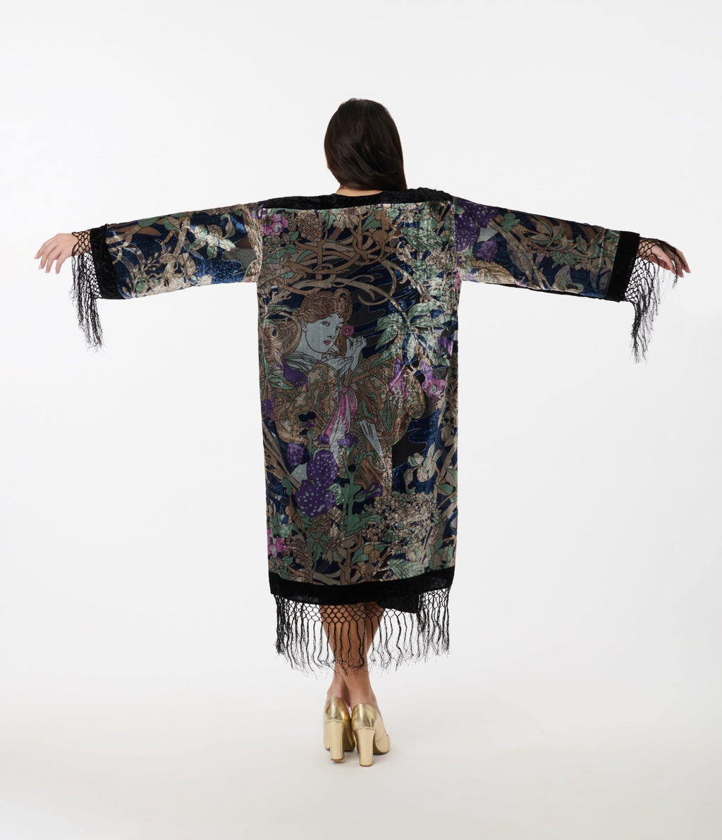 1920s Black Floral Goddess Devore Velvet Scarf Coat - Unique Vintage - Womens, TOPS, OUTERWEAR
