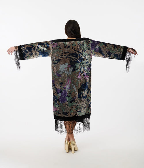 1920s Black Floral Goddess Devore Velvet Scarf Coat - Unique Vintage - Womens, TOPS, OUTERWEAR
