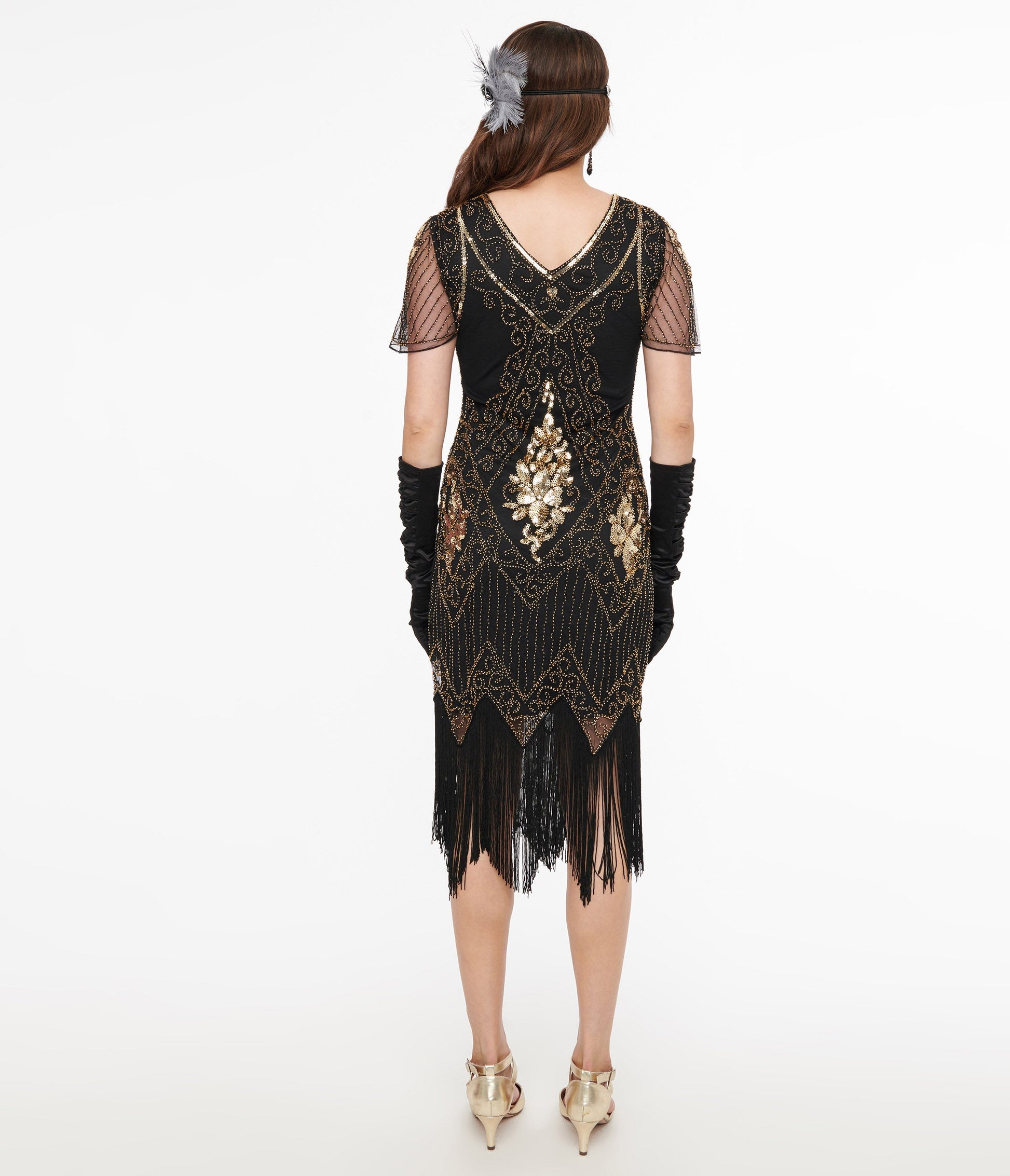 1920s Black & Gold Beaded Fringe Flapper Dress - Unique Vintage - Womens, FLAPPER, SLEEVED BEADED