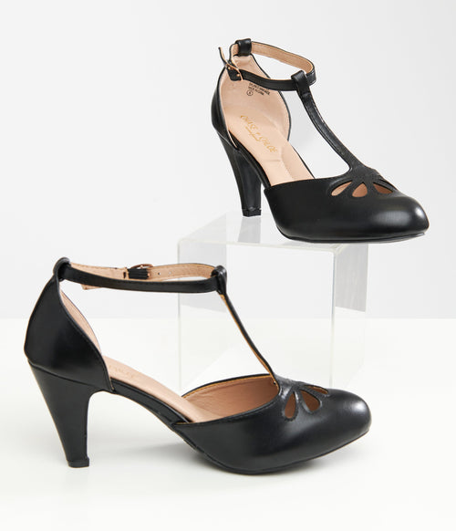 1920s Black Leatherette T - Strap Heels - Unique Vintage - Womens, SHOES, HEELS