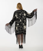 1920s Black Silk & Cream Floral Embroidered Fringe Scarf Coat - Unique Vintage - Womens, TOPS, OUTERWEAR
