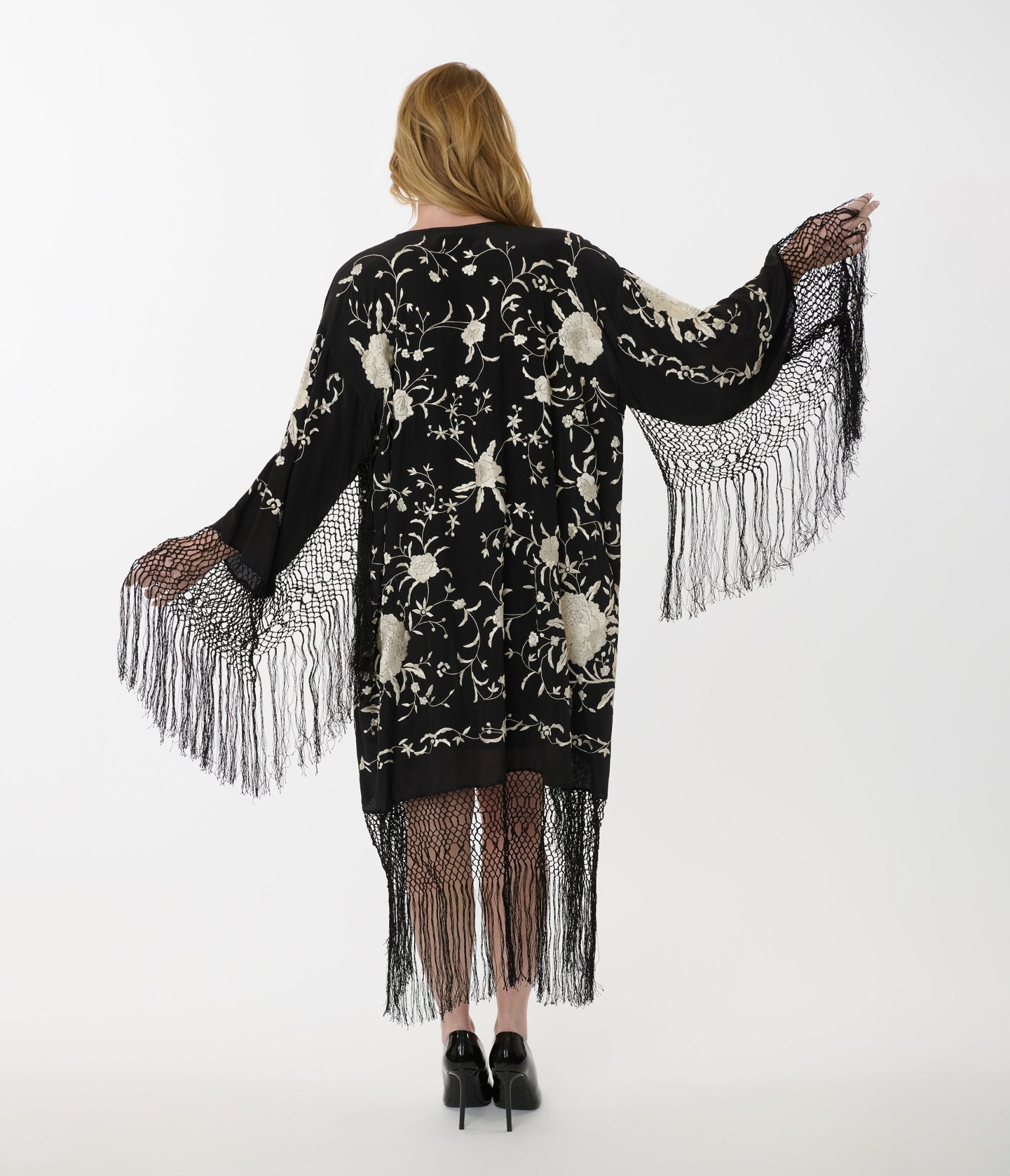 1920s Black Silk & Cream Floral Embroidered Fringe Scarf Coat - Unique Vintage - Womens, TOPS, OUTERWEAR