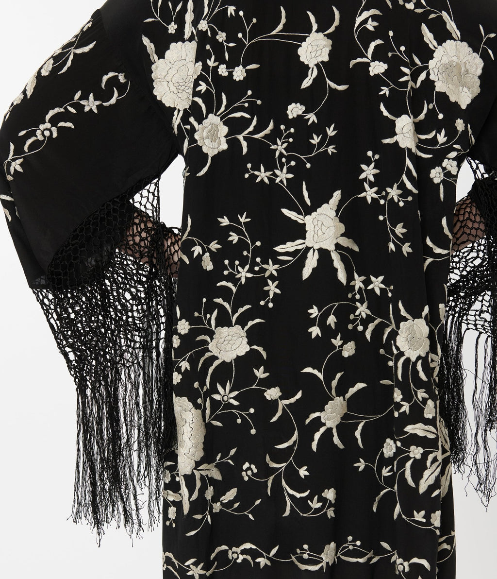 1920s Black Silk & Cream Floral Embroidered Fringe Scarf Coat - Unique Vintage - Womens, TOPS, OUTERWEAR