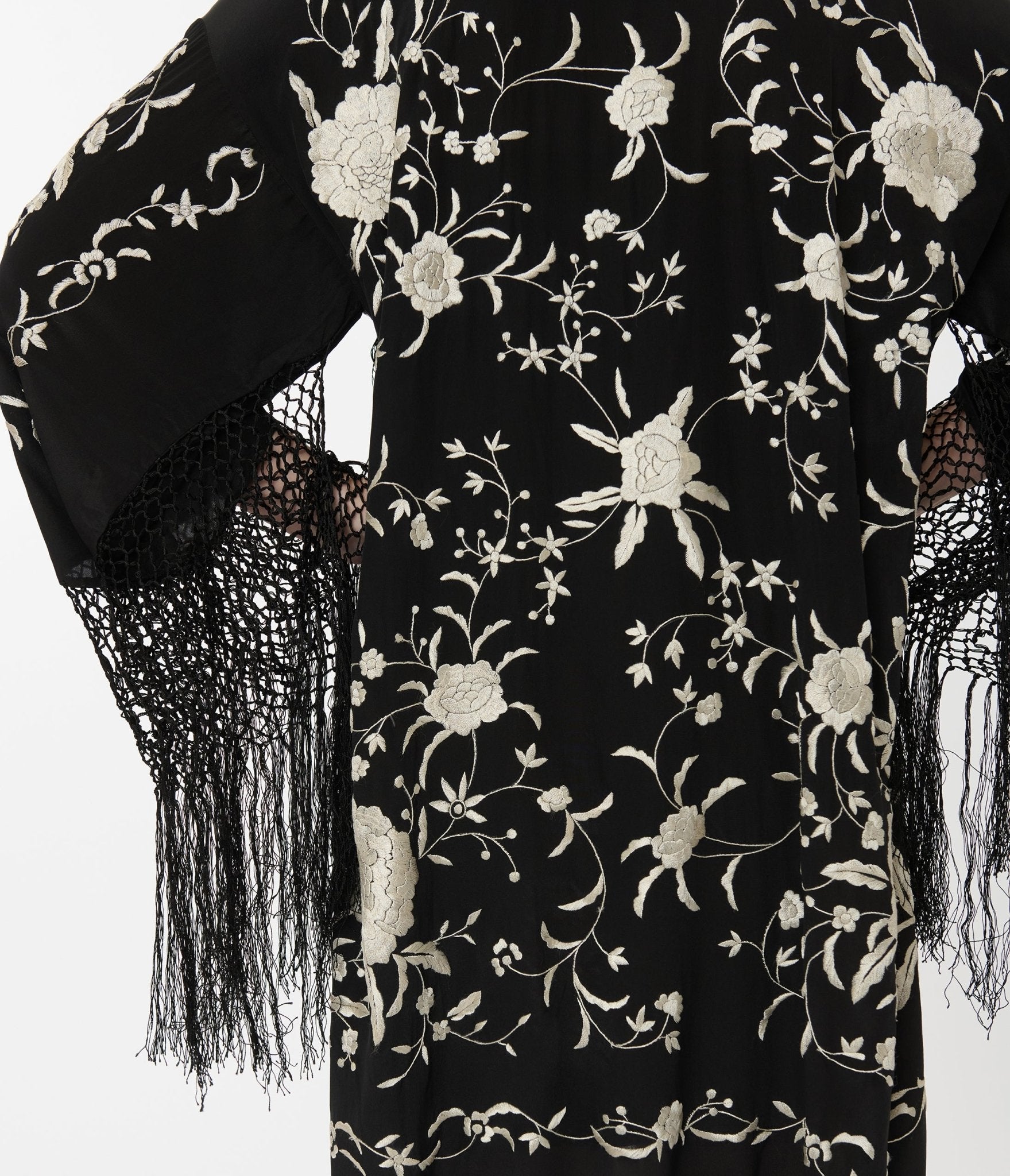 1920s Black Silk & Cream Floral Embroidered Fringe Scarf Coat - Unique Vintage - Womens, TOPS, OUTERWEAR
