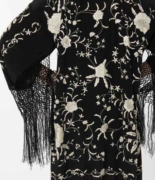1920s Black Silk & Cream Floral Embroidered Fringe Scarf Coat - Unique Vintage - Womens, TOPS, OUTERWEAR