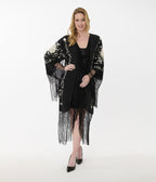 1920s Black Silk & Cream Floral Embroidered Fringe Scarf Coat - Unique Vintage - Womens, TOPS, OUTERWEAR