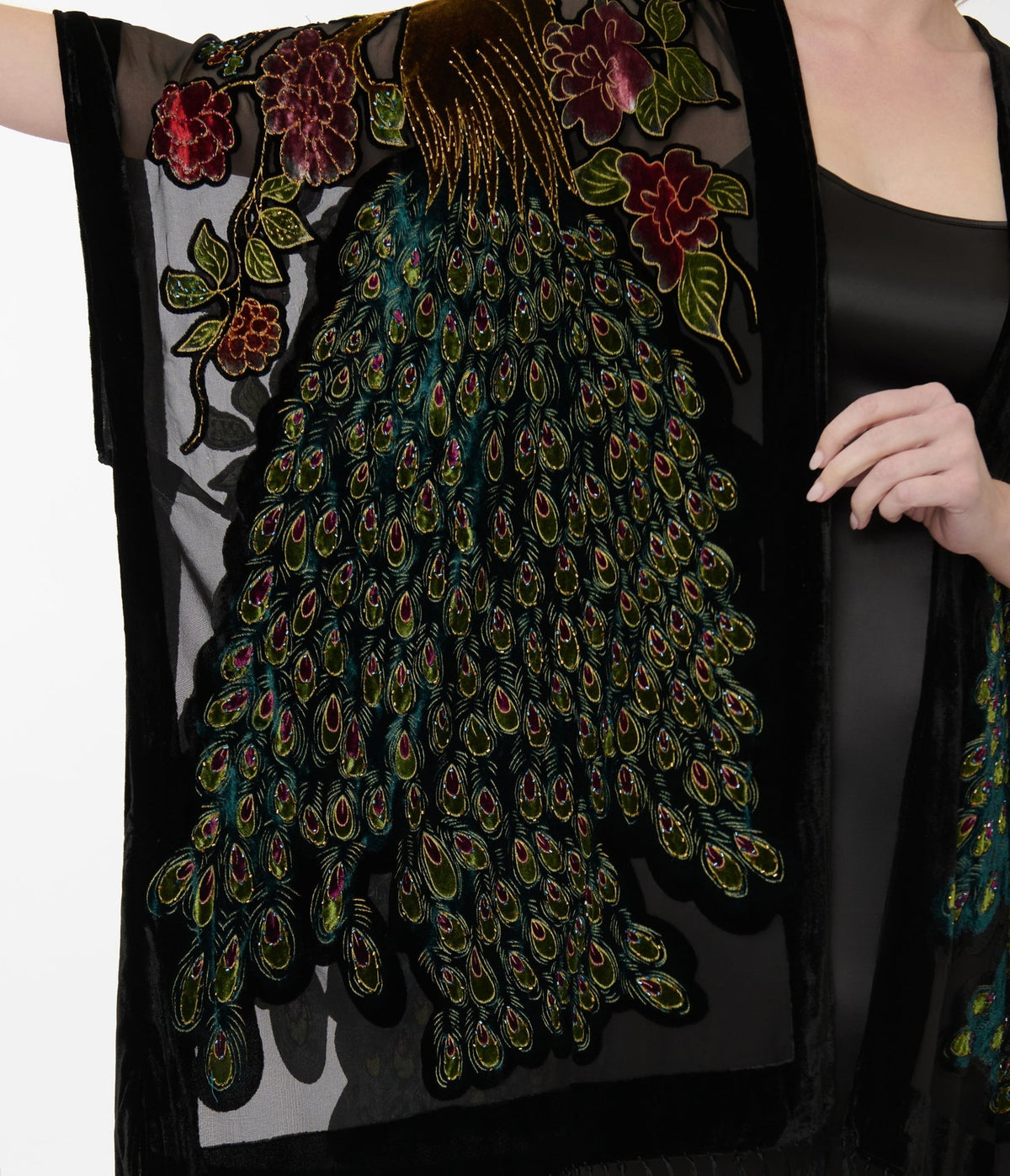 1920s Black Velvet Burnout Peacock Floral Fringe Scarf Coat 