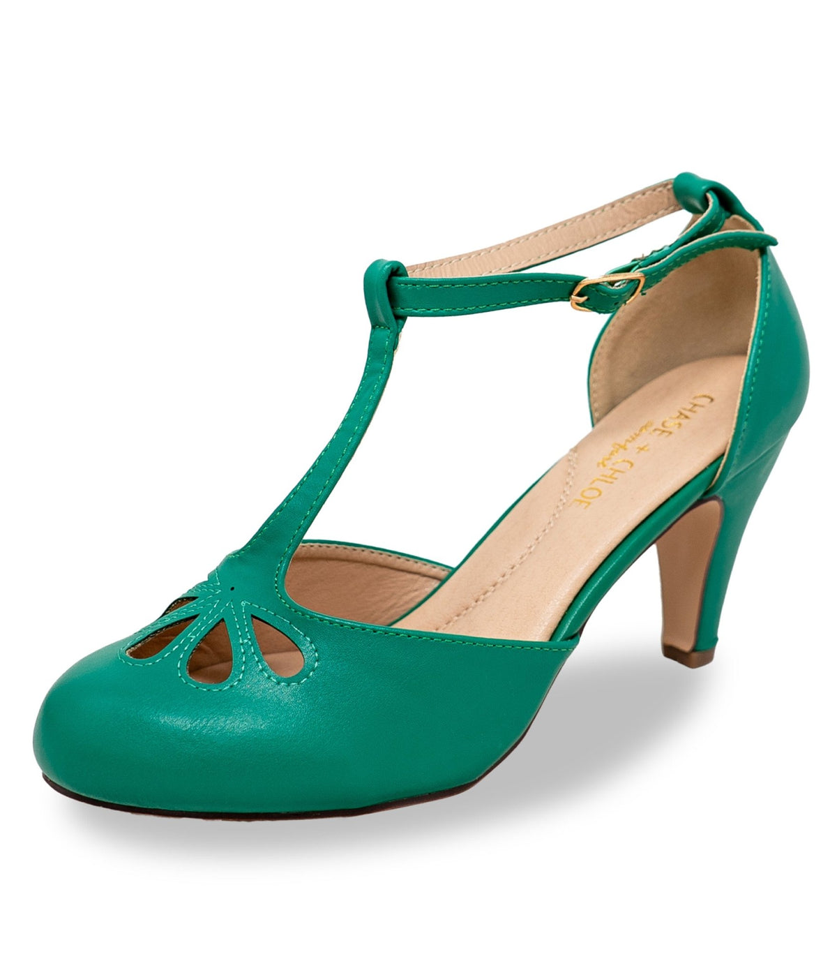 1920s Green Leatherette Cutout Kimmy T-Strap Heels - Unique Vintage - T-Straps
