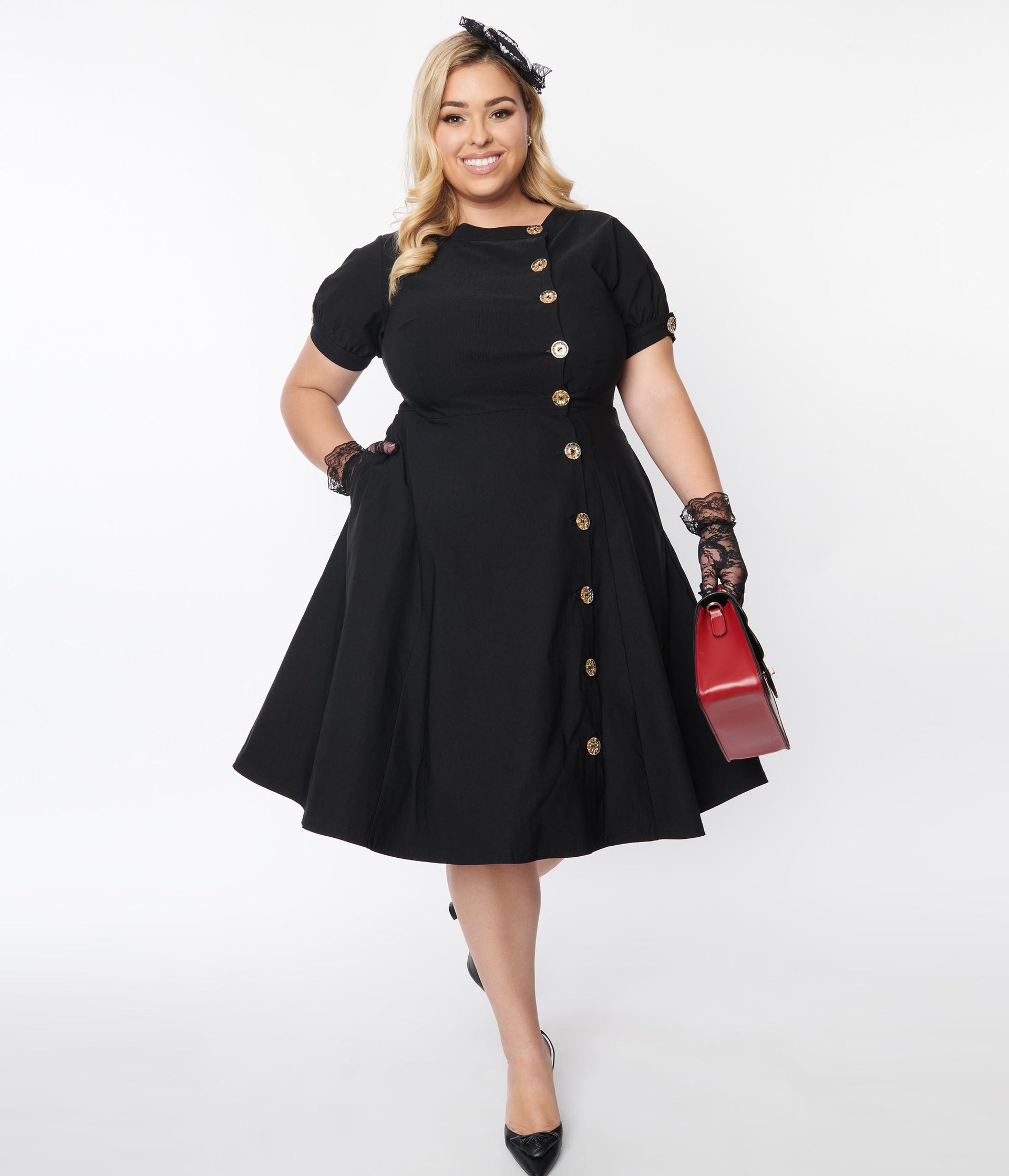 Unique Vintage Plus Size Asymmetrical Button Woven Swing Dress