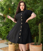 Unique Vintage Plus Size Black Button Swing Dress