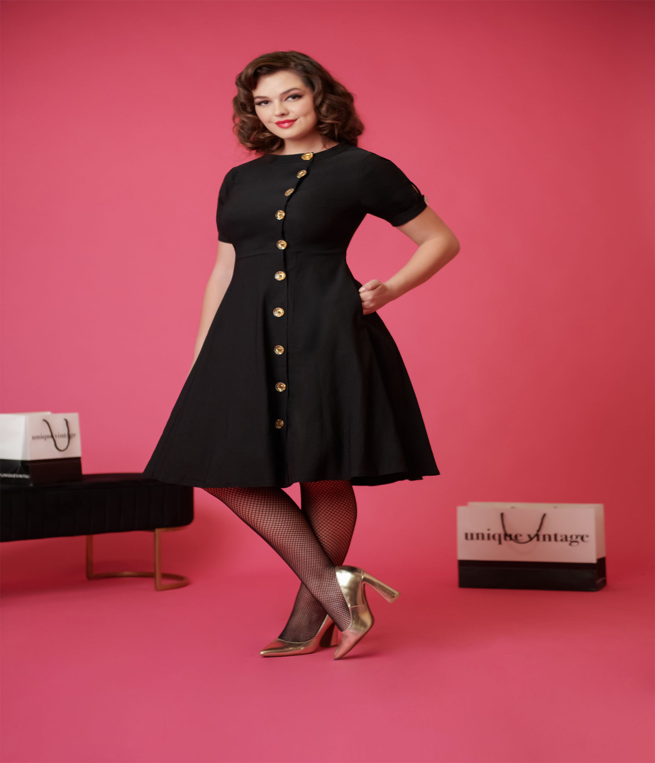 Unique Vintage Black Button Swing Dress