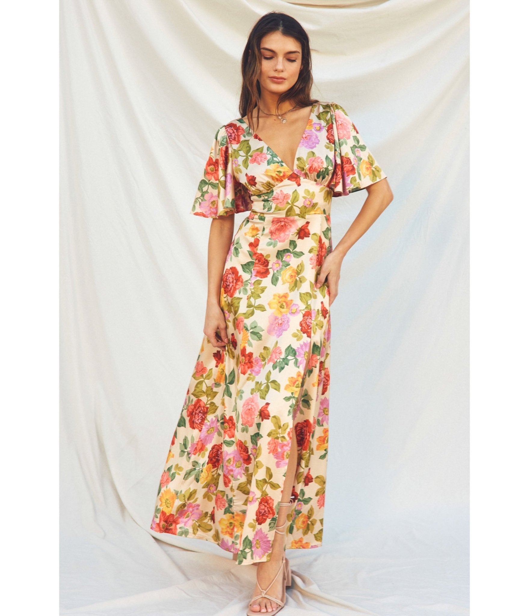 1930's Flutter Sleeve Floral Maxi Dress - Unique Vintage - 