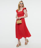 1930s Red Flutter Sleeve Poplin Midi Dress - Unique Vintage - Womens, DRESSES, MIDI