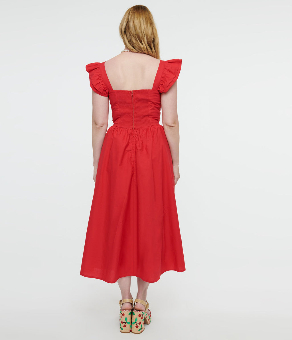 1930s Red Flutter Sleeve Poplin Midi Dress - Unique Vintage - Womens, DRESSES, MIDI