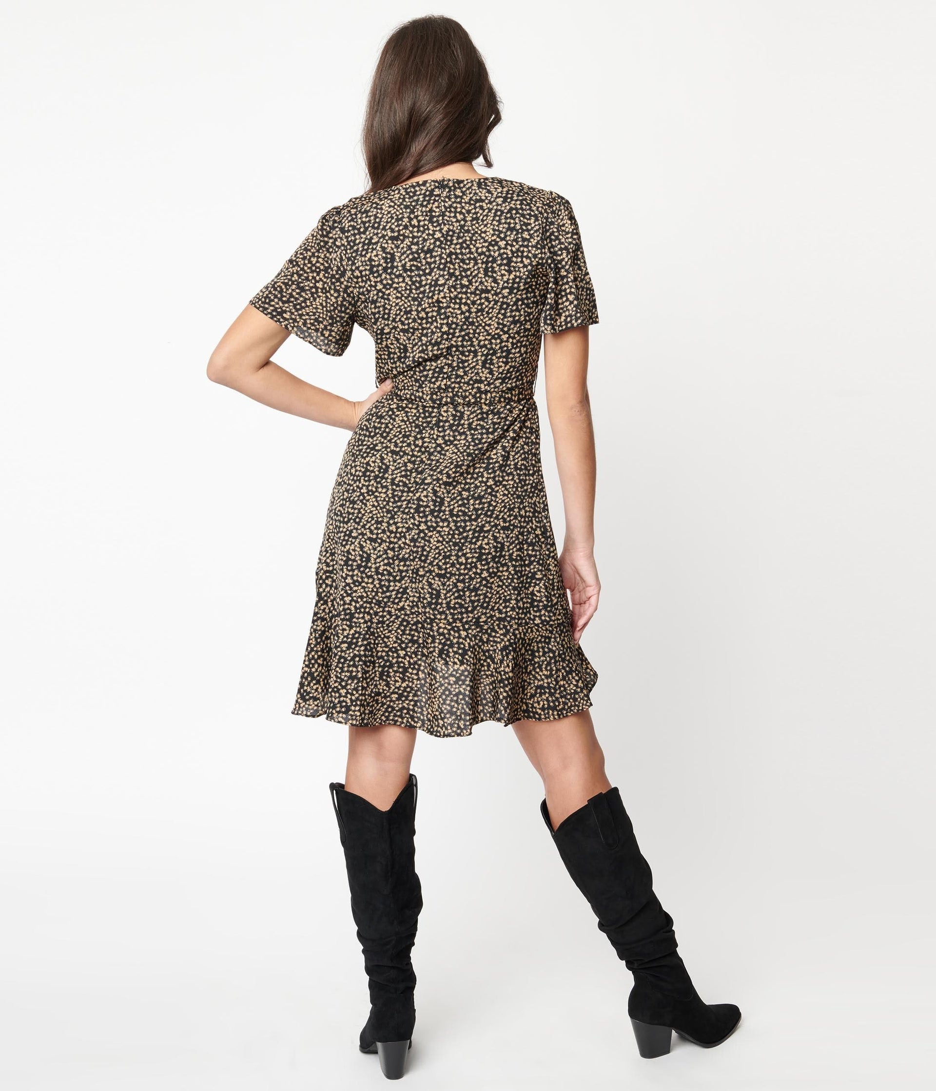 1940s Black & Brown Abstract Dots Flare Dress - Unique Vintage - Womens, DRESSES, FIT AND FLARE