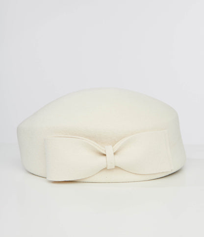 1940s Cream Bow Beret - Unique Vintage - Womens, ACCESSORIES, HATS