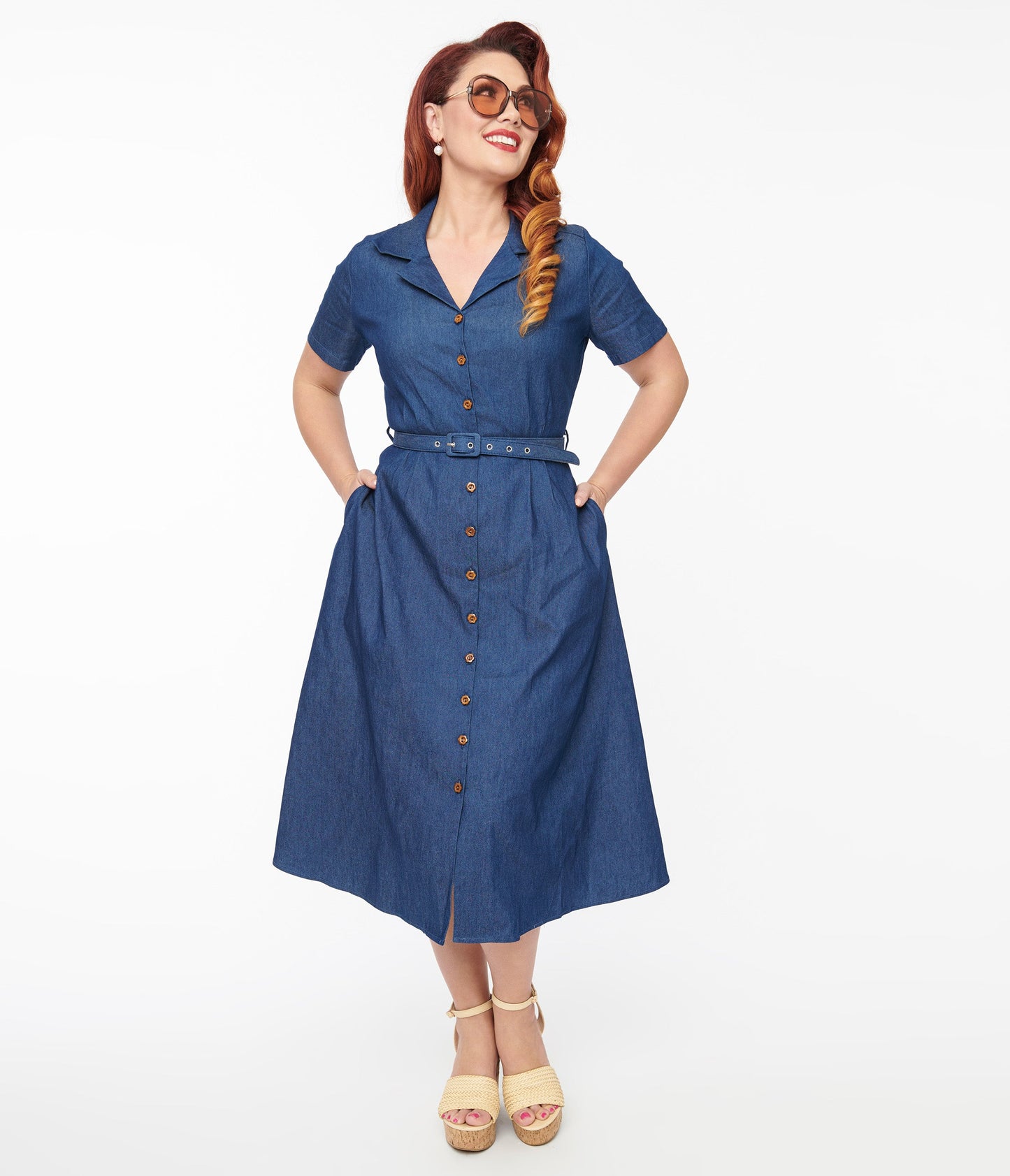1940s Denim Midi Dress - Unique Vintage - Womens, DRESSES, FIT AND FLARE