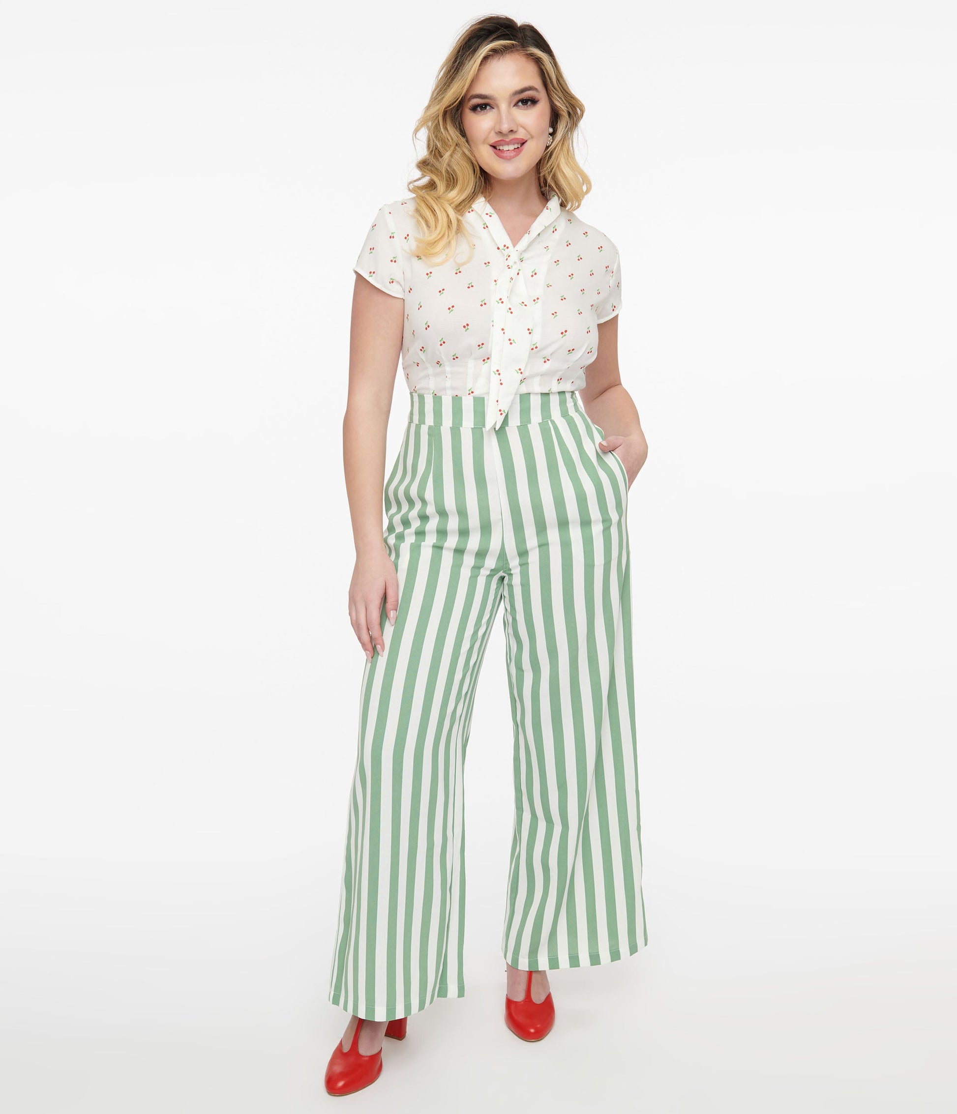 1940s Green & White Stripe Sally Trousers - Unique Vintage - Womens, BOTTOMS, PANTS