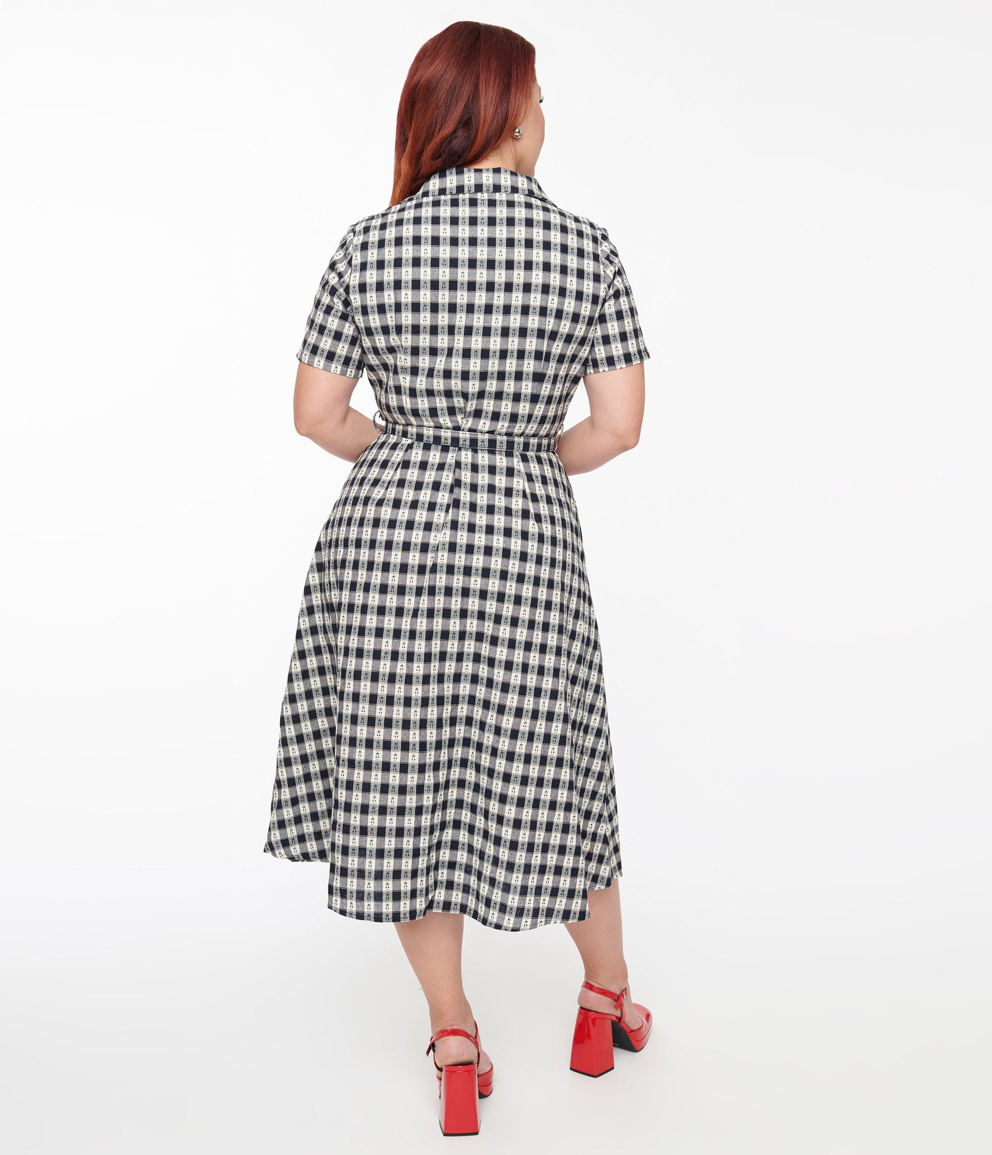 1940s Navy Plaid Cherry Cotton Midi Dress - Unique Vintage - Womens, DRESSES, FIT AND FLARE