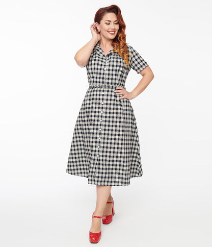 1940s Navy Plaid Cherry Cotton Midi Dress - Unique Vintage - Womens, DRESSES, FIT AND FLARE