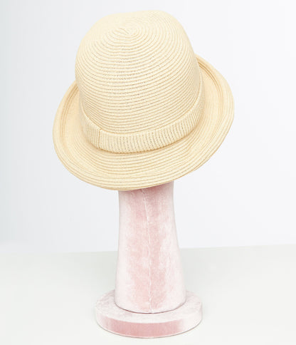 1950s Beige Straw Bowler Hat - Unique Vintage - Womens, ACCESSORIES, HATS