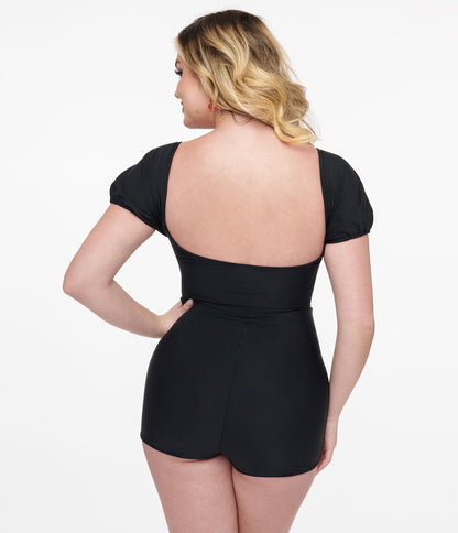 1950s Black Bow Romper Swimsuit - Unique Vintage - Womens, SWIM, 1 PC