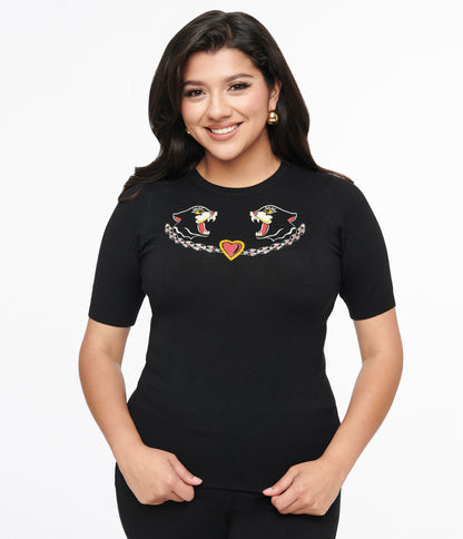 1950s Black Cats Print Knit Top - Unique Vintage - Womens, TOPS, KNIT TOPS