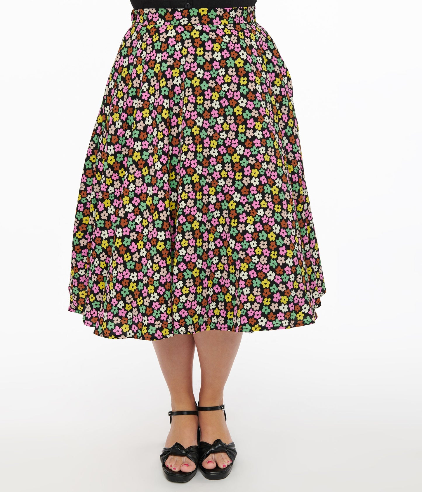 1950s Black & Multicolor Flower Print Swing Skirt - Unique Vintage - Womens, BOTTOMS, SKIRTS