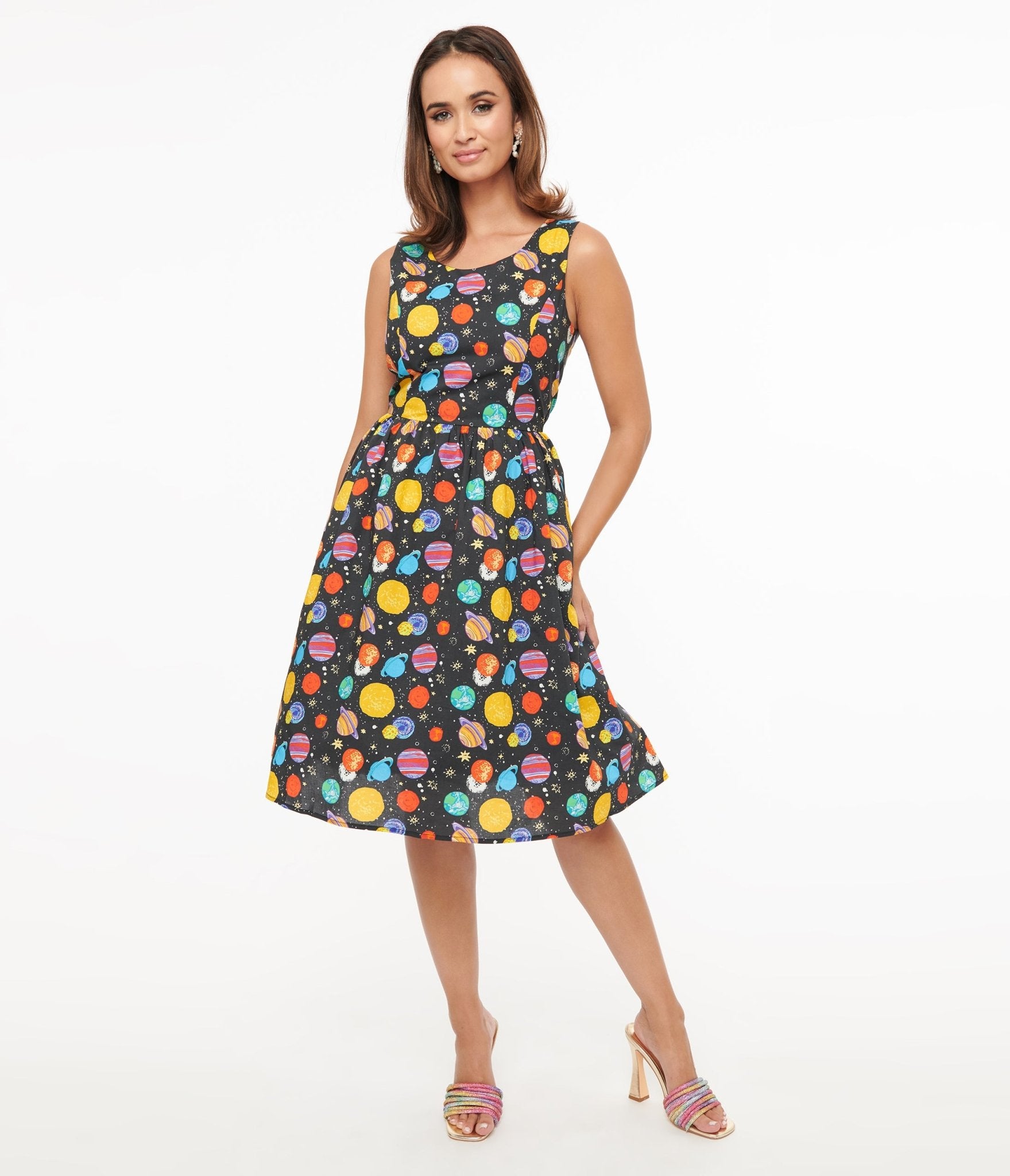 1950s Black & Multicolor Planets Cotton Swing Dress - Unique Vintage - Womens, DRESSES, FIT AND FLARE