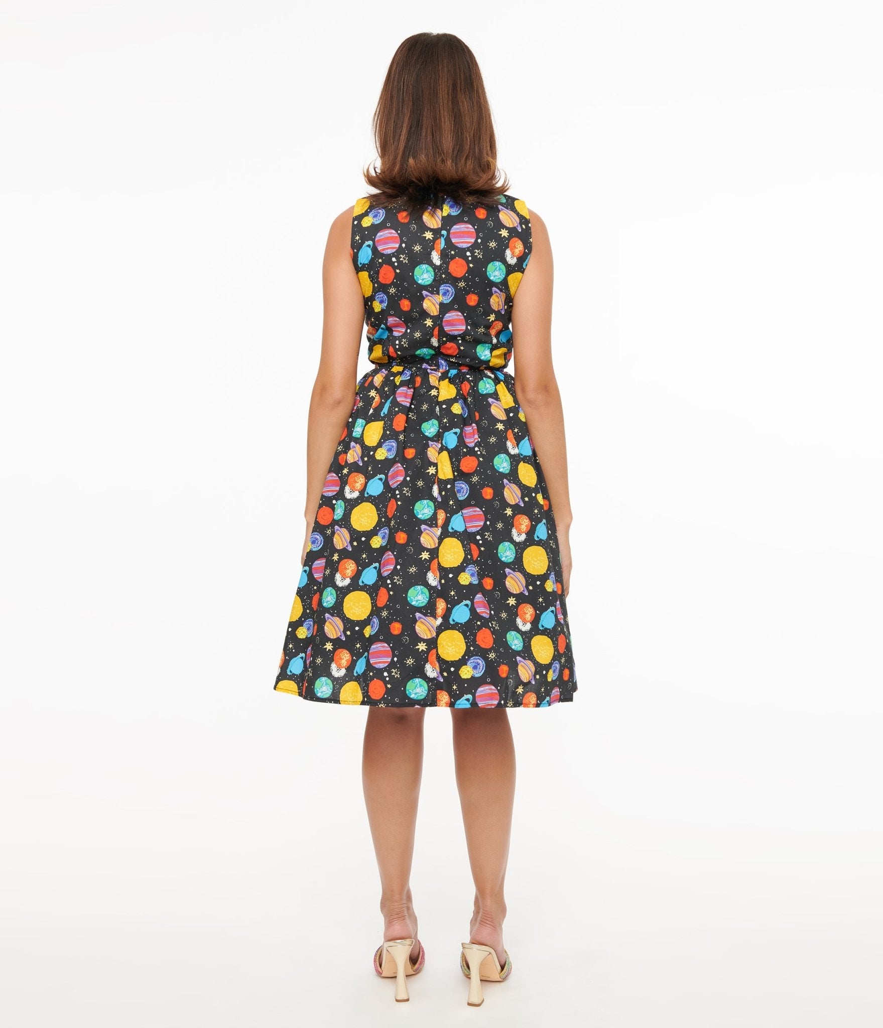 1950s Black & Multicolor Planets Cotton Swing Dress - Unique Vintage - Womens, DRESSES, FIT AND FLARE
