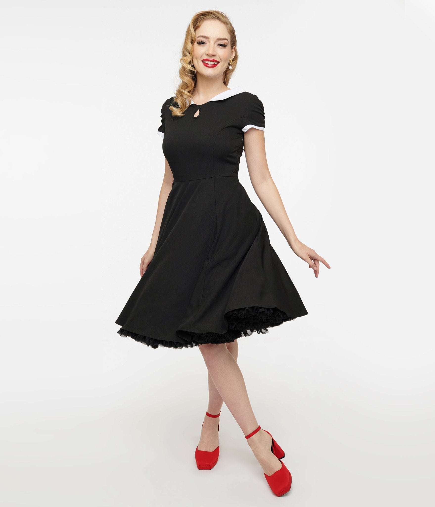 collar fit and flare dress London Times Plus Size Foldover-Neck Fit & Flare Dress - Navy