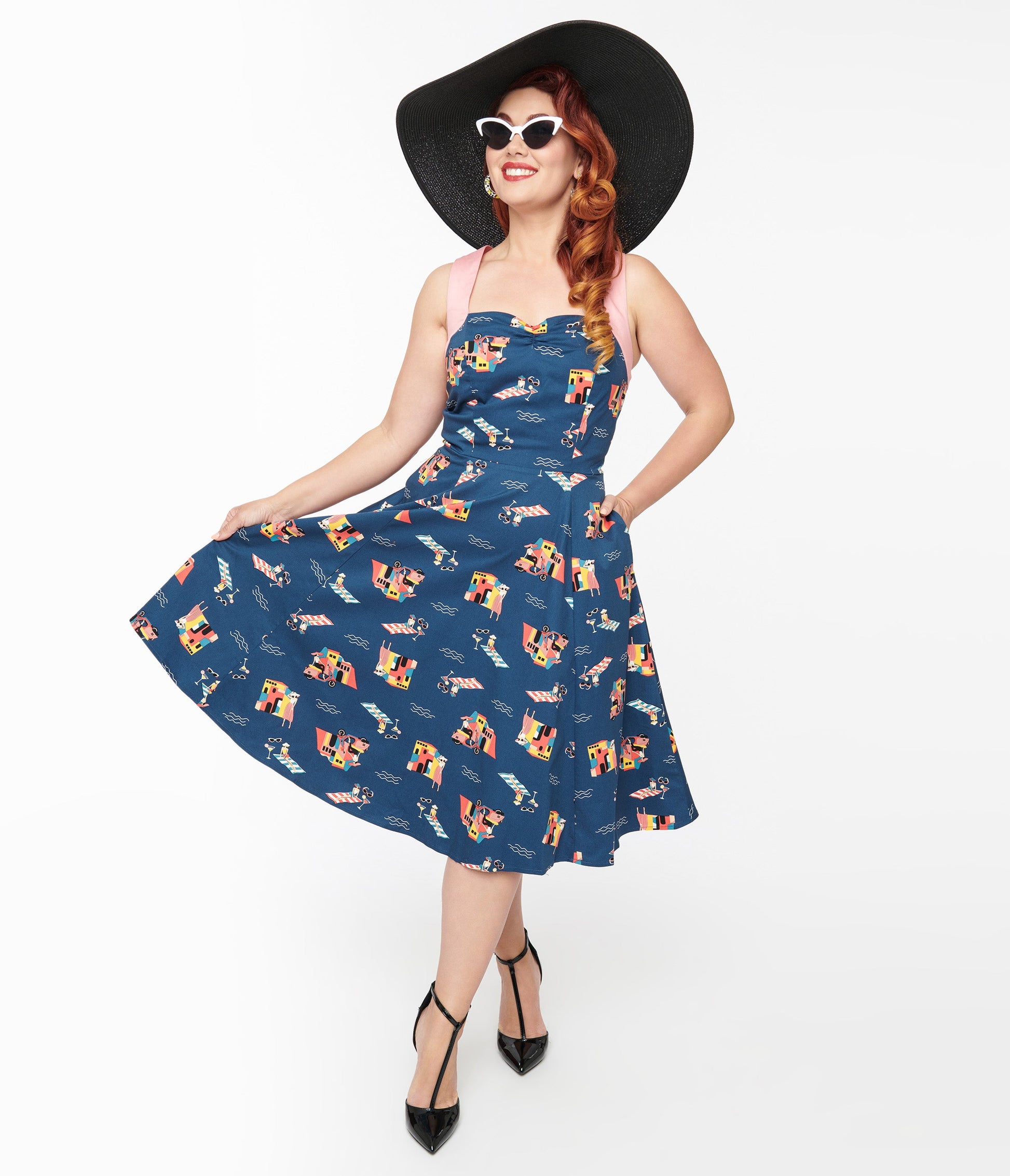 1950s Blue Cotton Portofino Living Print Swing Dress - Unique Vintage - Womens, DRESSES, SWING