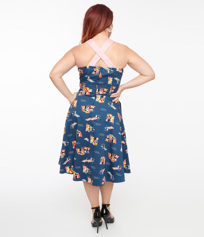 1950s Blue Cotton Portofino Living Print Swing Dress - Unique Vintage - Womens, DRESSES, SWING