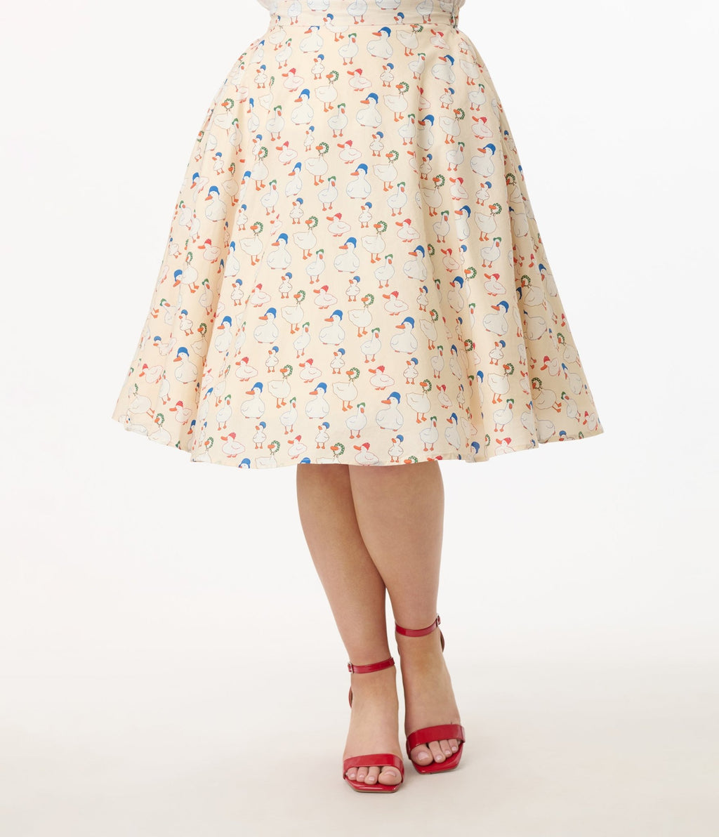 1950s Cream & Duck Print Cotton Swing Skirt - Unique Vintage - Womens, BOTTOMS, SKIRTS