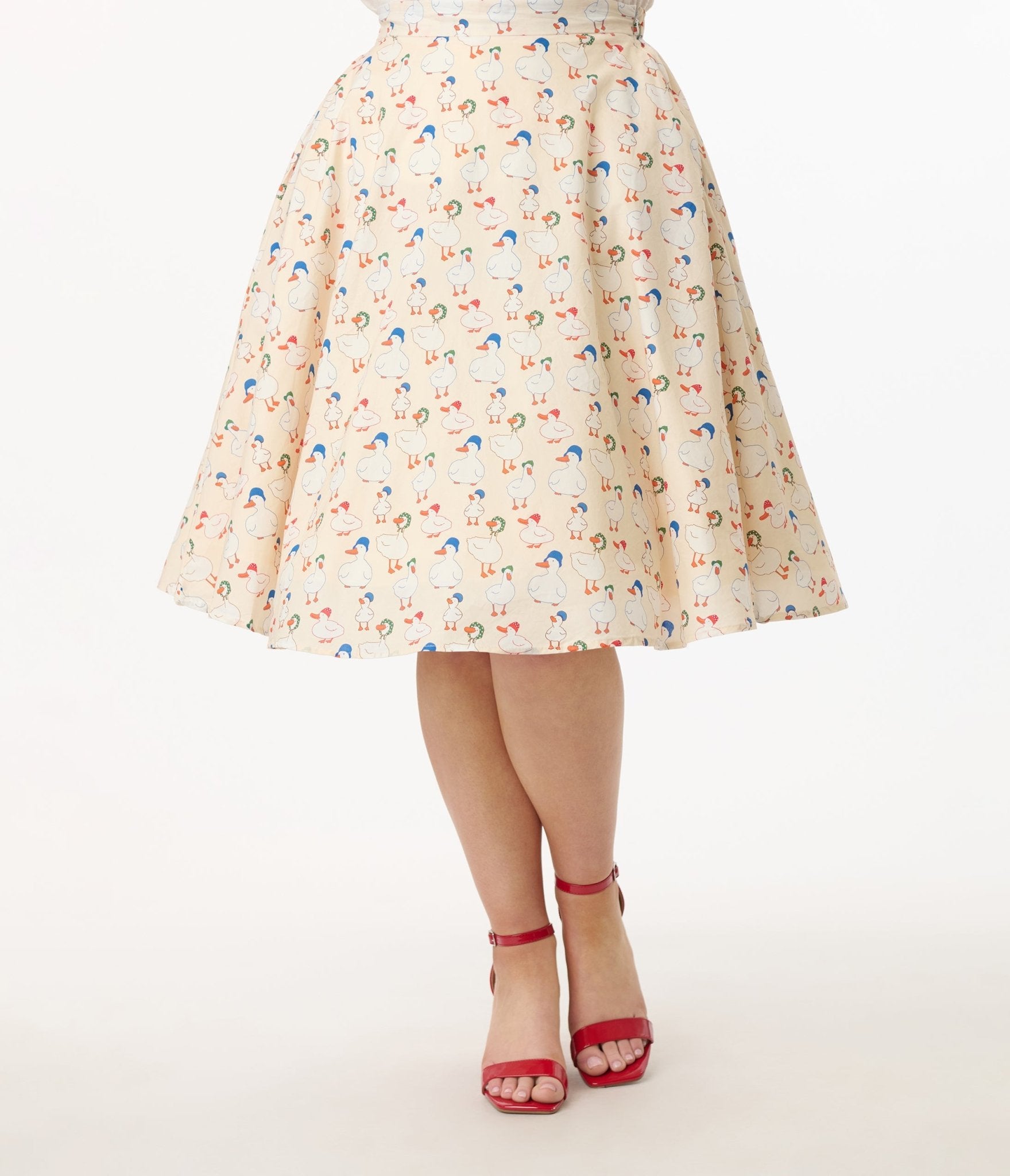 1950s Cream & Duck Print Cotton Swing Skirt - Unique Vintage - Womens, BOTTOMS, SKIRTS