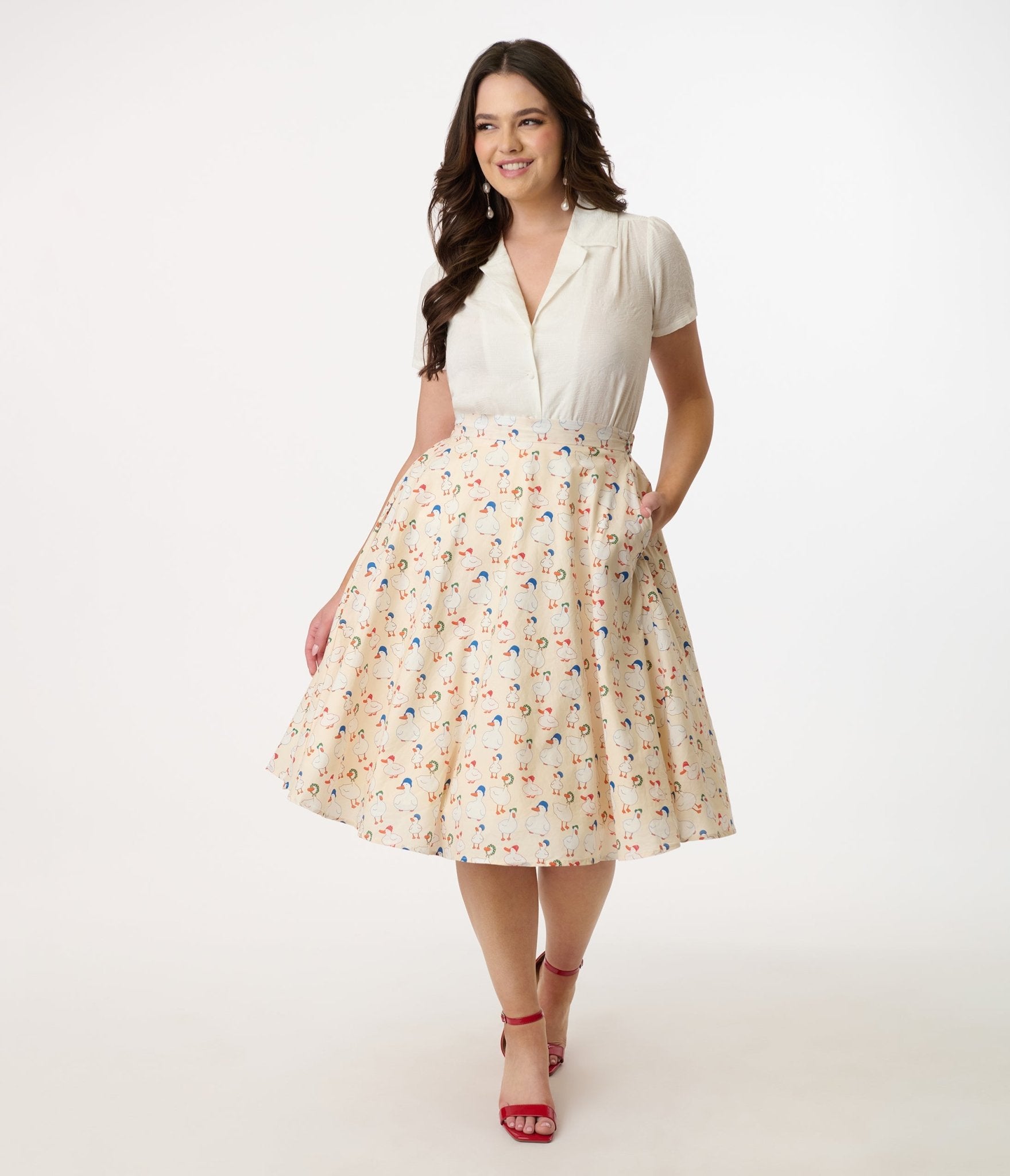 1950s Cream & Duck Print Cotton Swing Skirt - Unique Vintage - Womens, BOTTOMS, SKIRTS