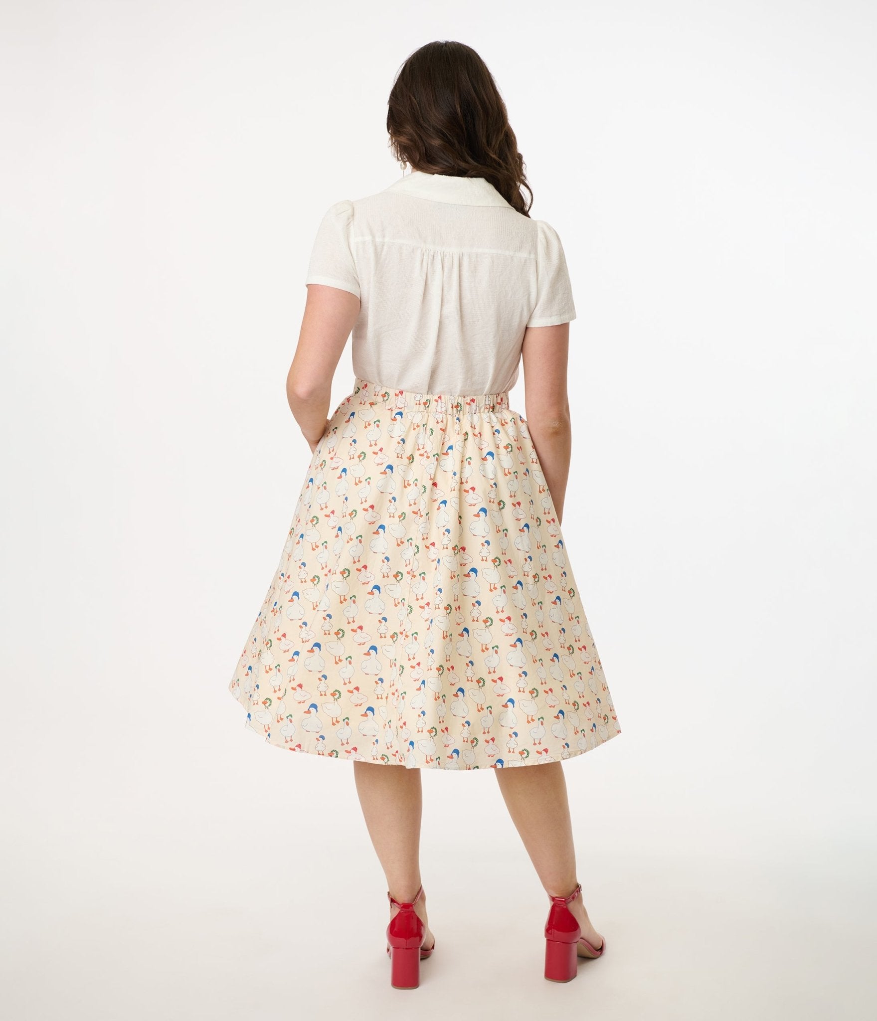1950s Cream & Duck Print Cotton Swing Skirt - Unique Vintage - Womens, BOTTOMS, SKIRTS