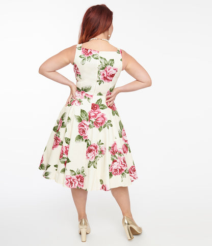 1950s Cream & Pink Floral Frances Swing Dress - Unique Vintage - Womens, DRESSES, SWING