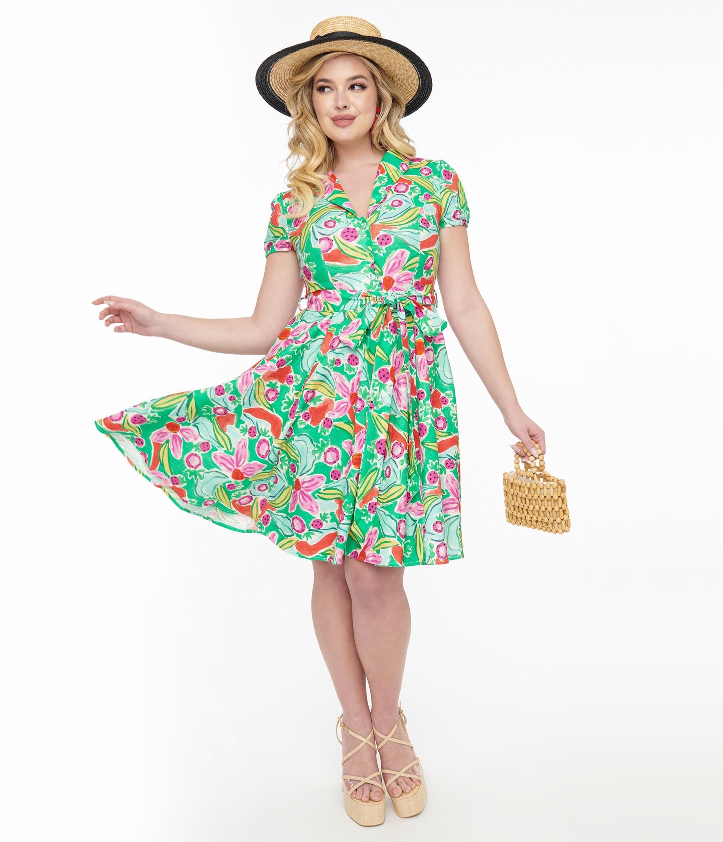 1950s Green & Pink Berry Bloom Print Monroe Fit & Flare Dress - Unique Vintage - Womens, DRESSES, SWING