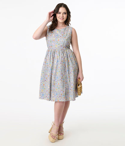 1950s Ice Blue Wonderland Print Fit & Flare Dress - Unique Vintage - Womens, DRESSES, FIT AND FLARE