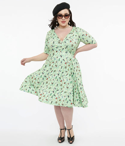 1950s Mint Green Nothing But Bugs Print Matilda Wrap Dress - Unique Vintage - Womens, DRESSES, SWING