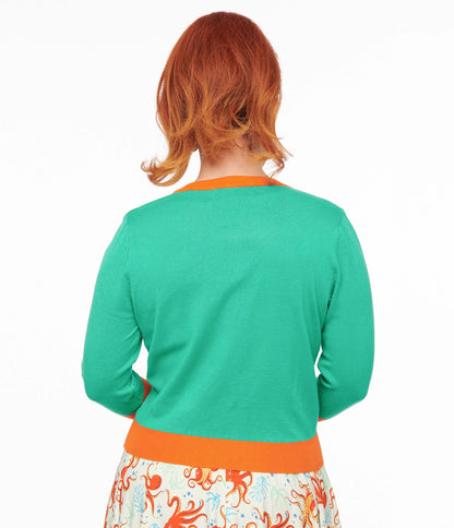 1950s Mint Green & Orange Octopus Embroidery Leslie Cardigan - Unique Vintage - Womens, TOPS, SWEATERS