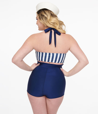 1950s Navy Overall Halter Pants & Striped Tube Top Swim Set - Unique Vintage - Womens, SWIM, 1 PC