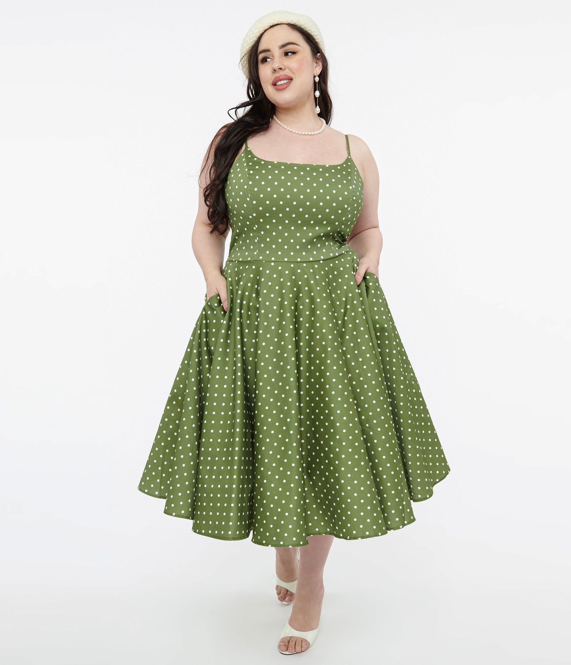 1950s Olive Green & White Polka Dot Peggy Cotton Swing Dress - Unique Vintage - Womens, DRESSES, SWING