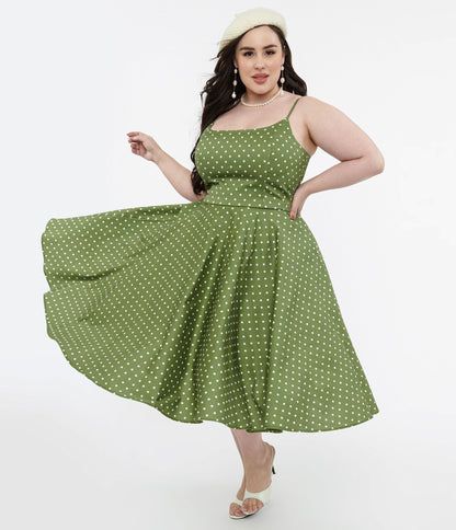 1950s Olive Green & White Polka Dot Peggy Cotton Swing Dress - Unique Vintage - Womens, DRESSES, SWING